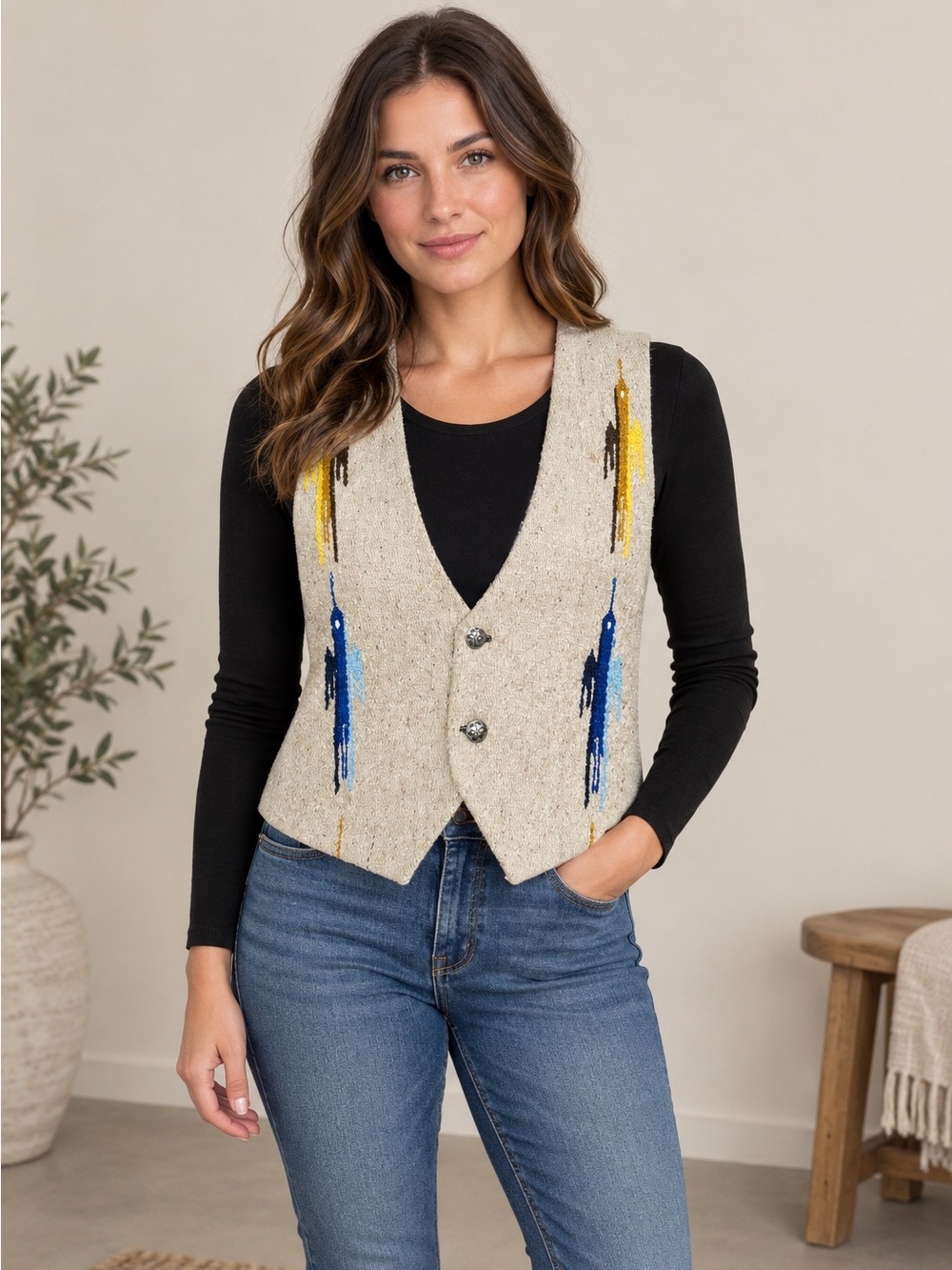 Vintage Embroidered Western Vest Large Cotton Satin Lined Boho Southwestern